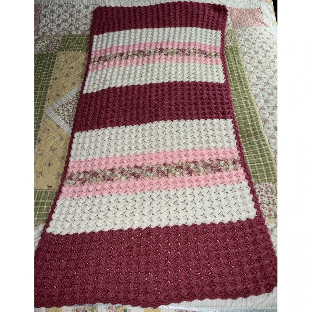 Handmade Cottage Core Crochet Throw Blanket Pink White And Burgandy 29x56